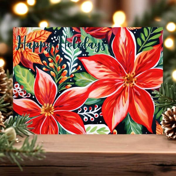 Holiday Greeting Card Featuring Vibrant Red Poinsettias And Greenery.