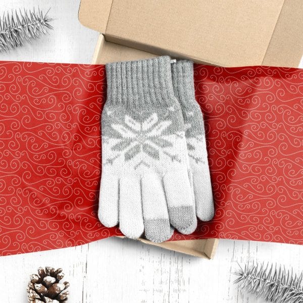 Pair Of Gray And White Knit Gloves With Snowflake Pattern In A Gift Box.