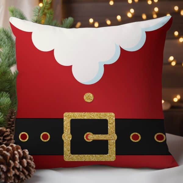 Red Throw Pillow Depicting Santas Belt And Coat.