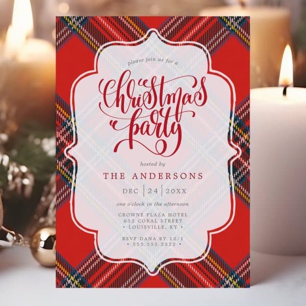 Christmas Party Invitation With Red Plaid Background.
