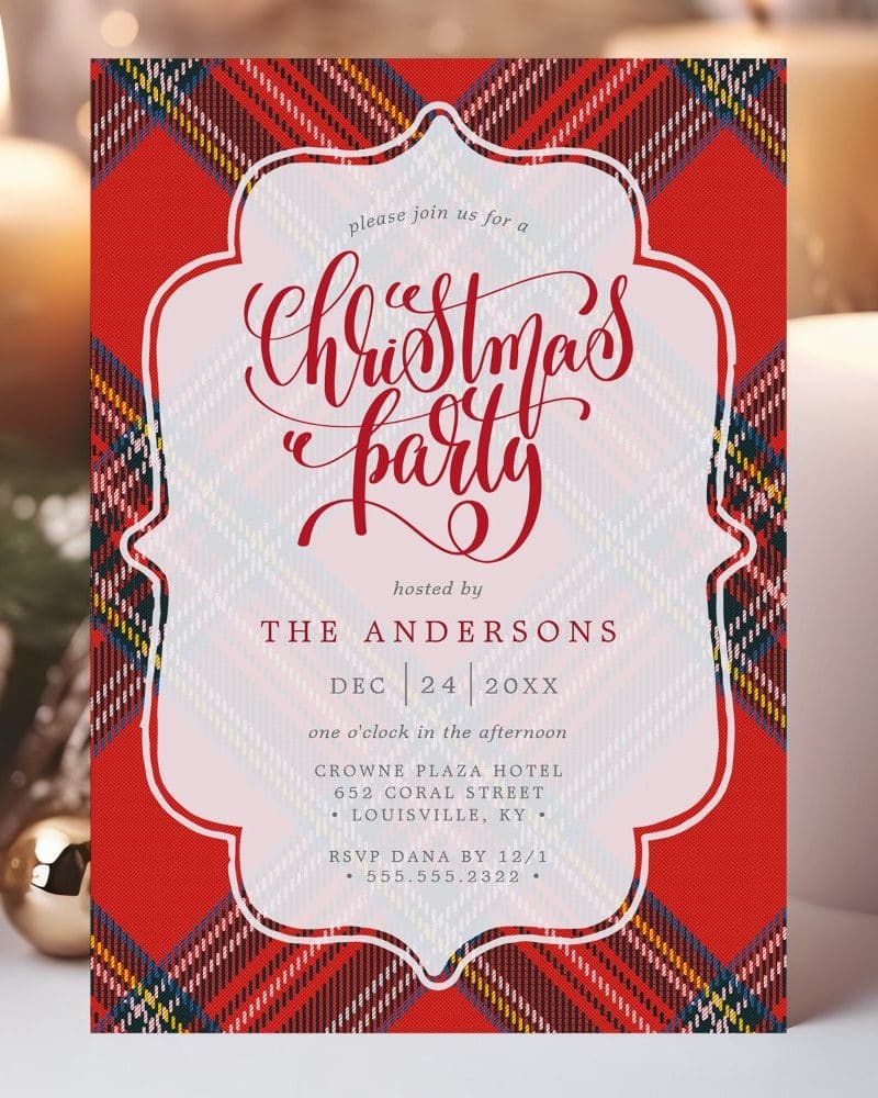 Christmas party invitation with red plaid background.