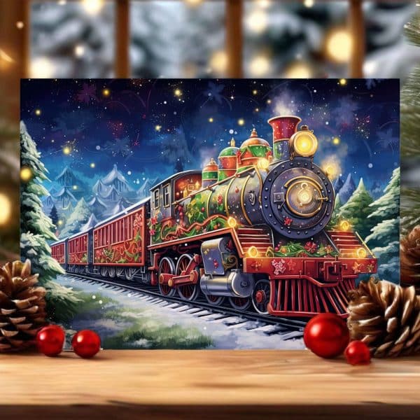 A Festively Decorated Christmas Train Travels Through A Snowy Landscape At Night.
