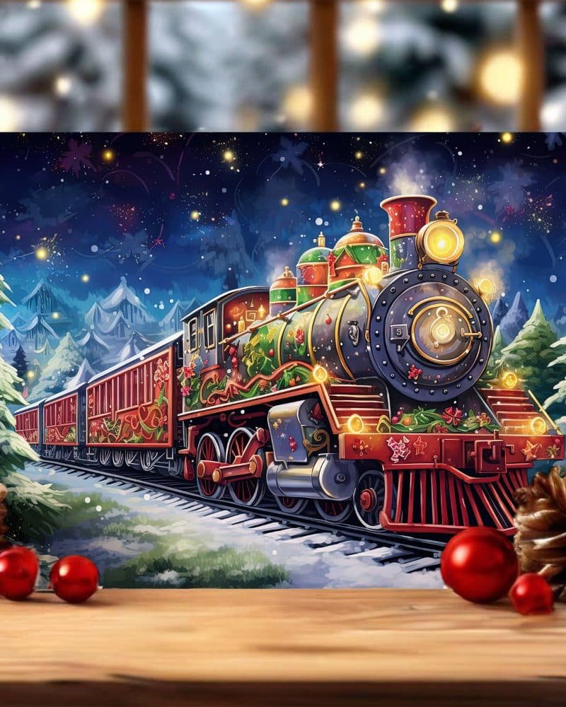 A festively decorated Christmas train travels through a snowy landscape at night.
