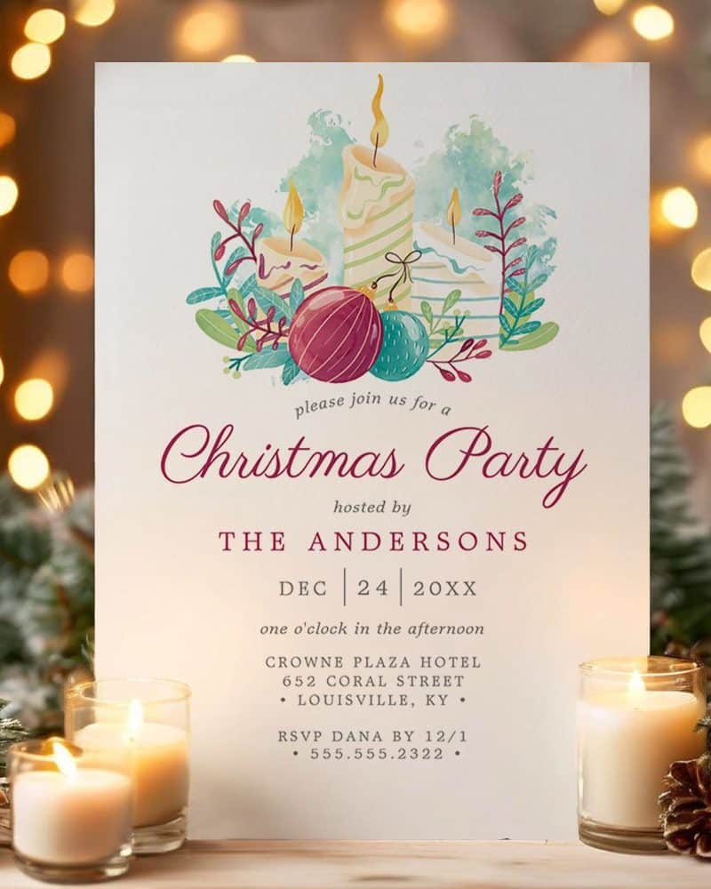 Christmas party invitation with watercolor candles and ornaments.