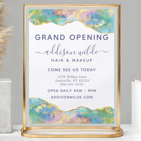 Grand Opening Sign For Addison Wilde Hair &Amp; Makeup, Featuring An Abstract Watercolor Design. The Sign Includes The Business Address, Phone Number, And Website.