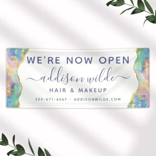 Grand Opening Banner For Addison Wilde Hair &Amp; Makeup. The Banner Features A Pastel And Gold Design.