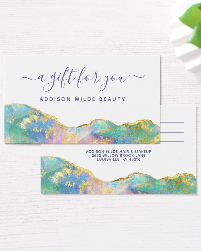 Gift certificate for Addison Wilde Beauty, featuring a pastel and gold watercolor design.