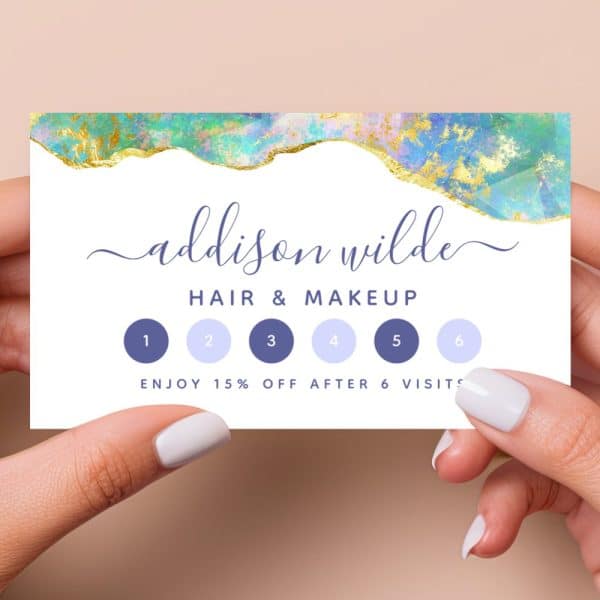A Six-Visit Loyalty Card For Addison Wilde Hair &Amp; Makeup, Featuring An Abstract Design With Gold Accents.