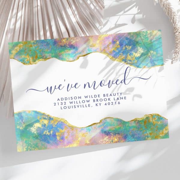 Moving Announcement With Teal, Gold, And Pink Watercolor Design.