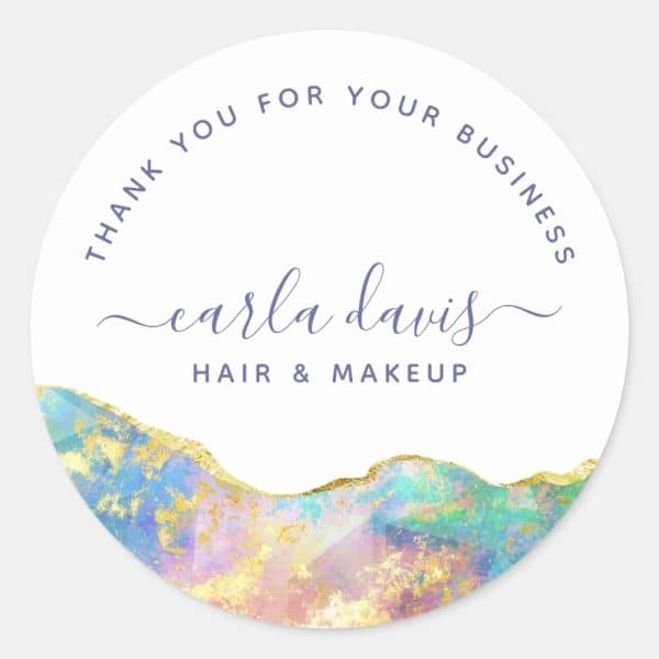 Round Thank You Sticker Featuring Carla Davis Hair &Amp; Makeup Logo With Pastel And Gold Design.