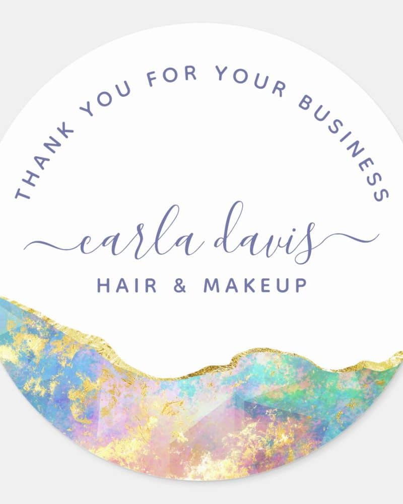 Round thank you sticker featuring Carla Davis Hair & Makeup logo with pastel and gold design.