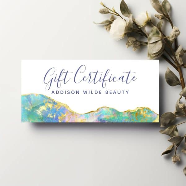 Gift Certificate For Addison Wilde Beauty. The Design Features A Pastel And Gold Abstract Watercolor Bottom Border.