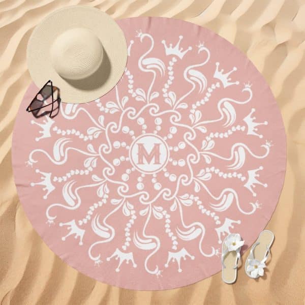 Pink Round Beach Towel With A White Mandala Design And A Central Monogram.