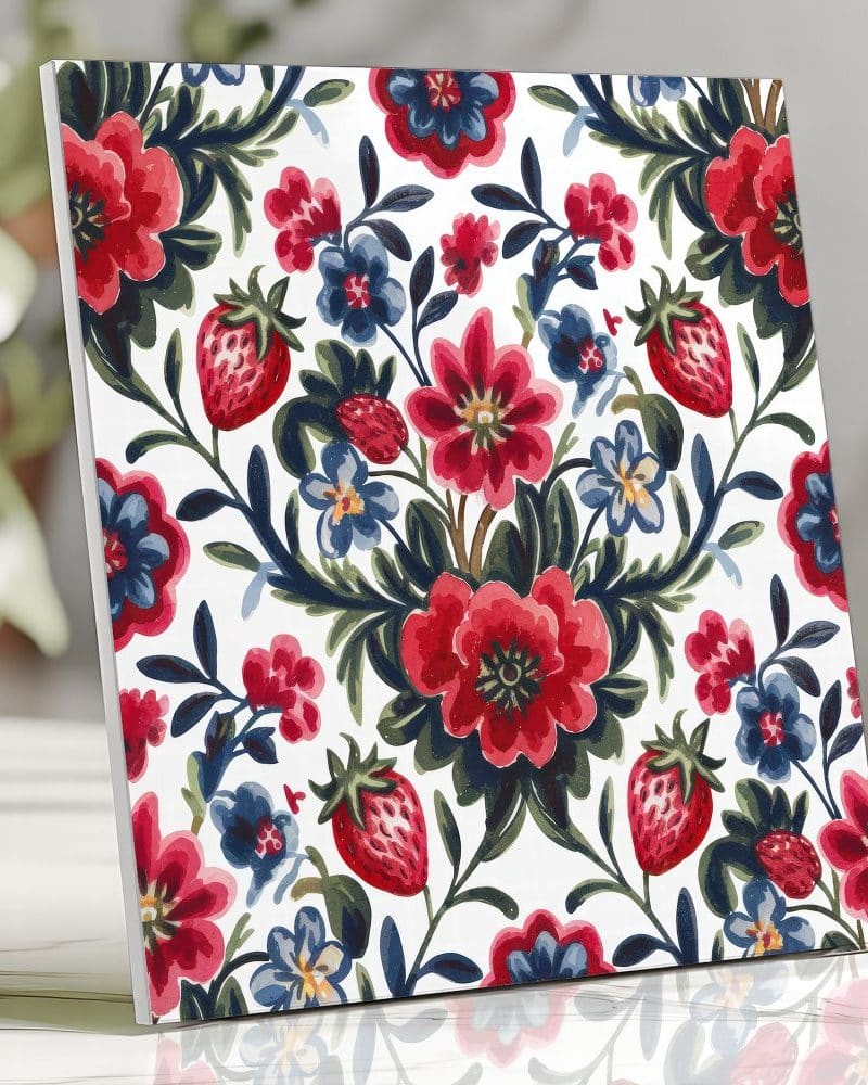 Floral print featuring red and blue flowers and strawberries on a white background.