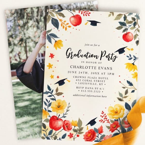 Graduation Party Invitation For Charlotte Evans, Featuring Floral And Apple Designs.