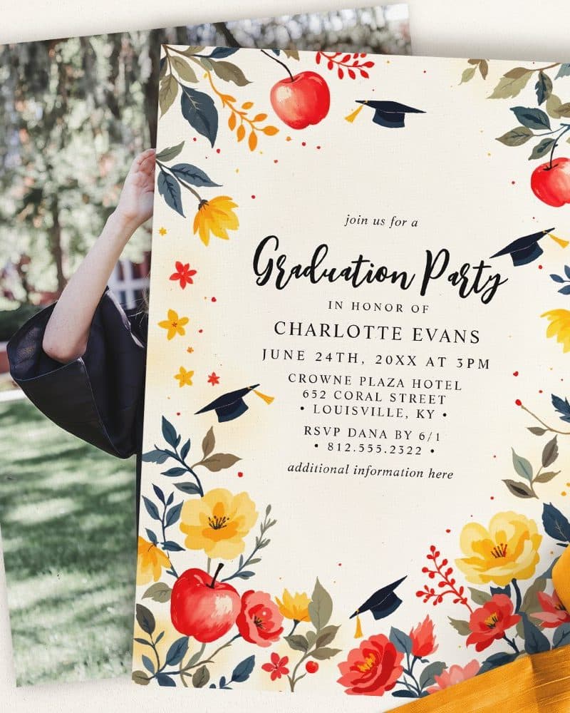 Graduation party invitation for Charlotte Evans, featuring floral and apple designs.