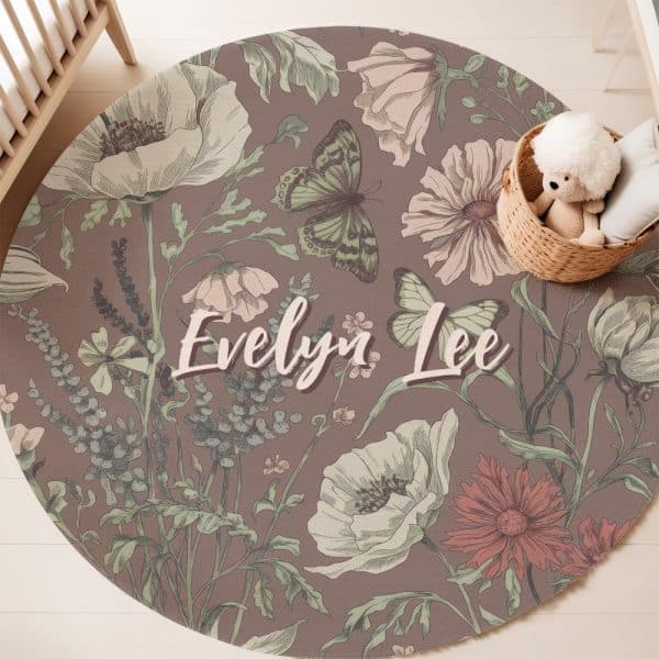 Round Floral Rug With Butterflies And The Name Evelyn Lee.