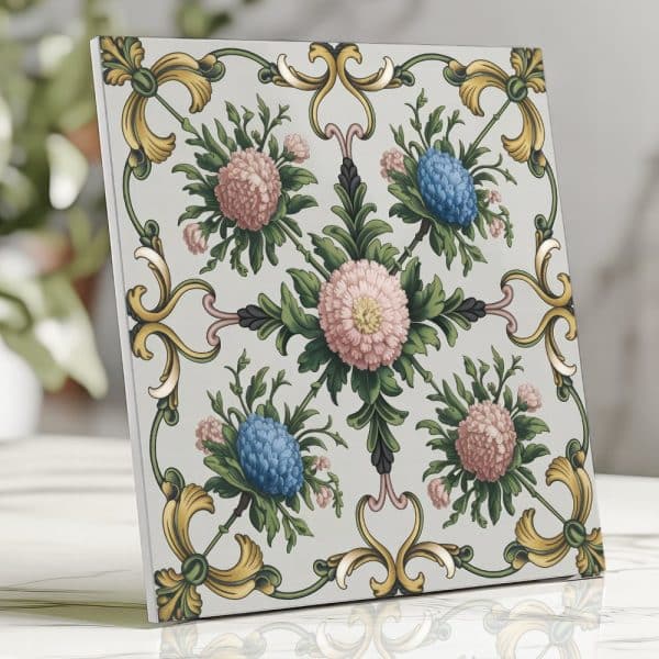 Floral Tile With Pink And Blue Flowers In An Ornate Frame.