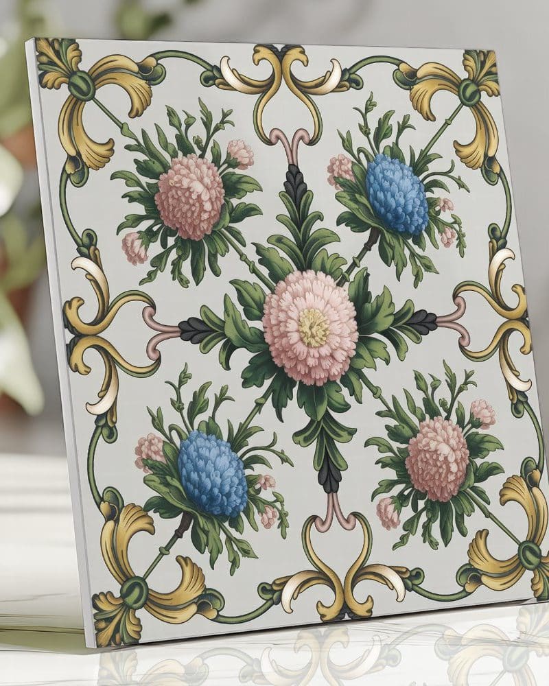 Floral tile with pink and blue flowers in an ornate frame.