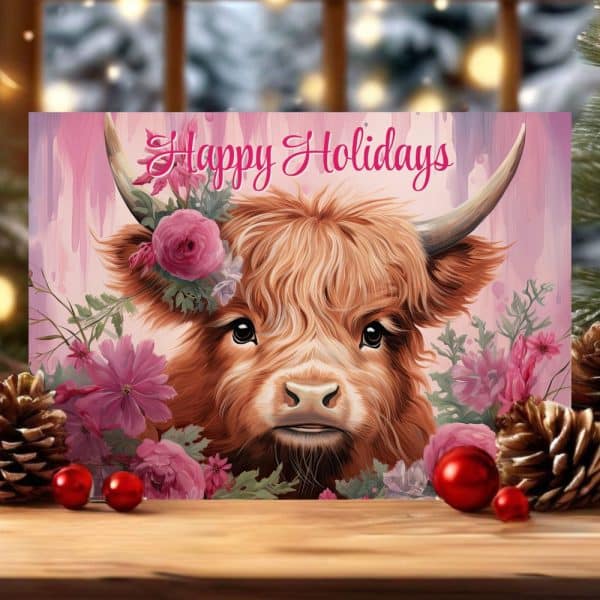Happy Holidays Card Featuring A Highland Cow Adorned With Pink Flowers.
