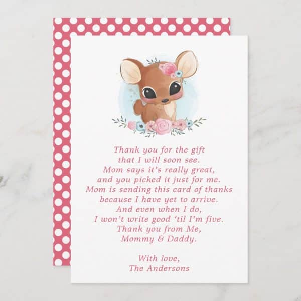 Baby Thank You Card Featuring A Watercolor Illustration Of A Fawn Wearing A Floral Crown.