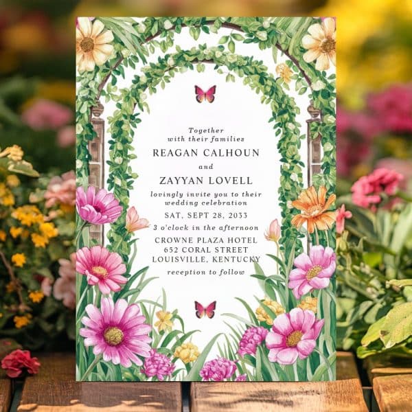 Wedding Invitation With Floral Arch And Pink Flowers.