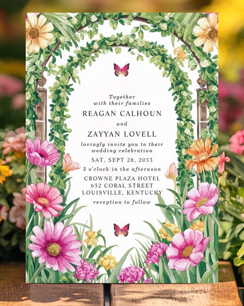 Wedding invitation with floral arch and pink flowers.