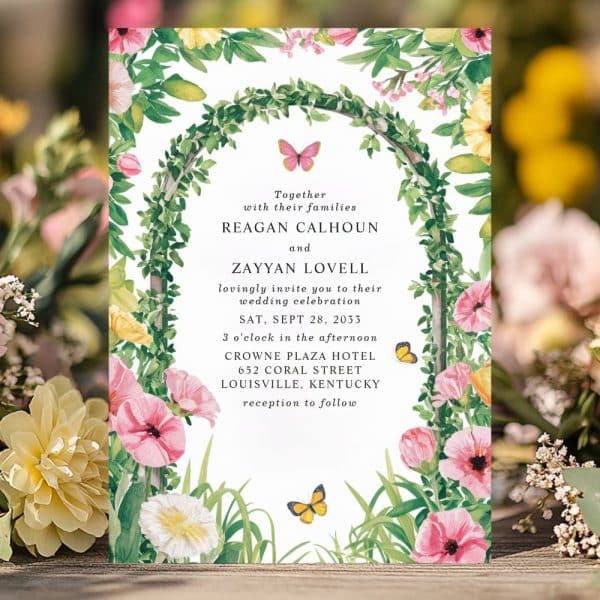 Wedding Invitation With Floral Border And Butterflies. The Invitation Announces The Marriage Of Reagan Calhoun And Zayyan Lovell.