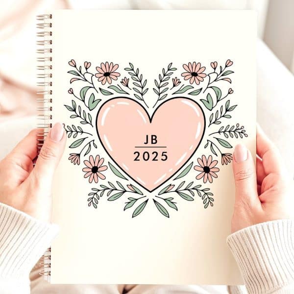 Spiral-Bound Notebook With A Pink Heart Surrounded By Flowers And The Initials Jb 2025.