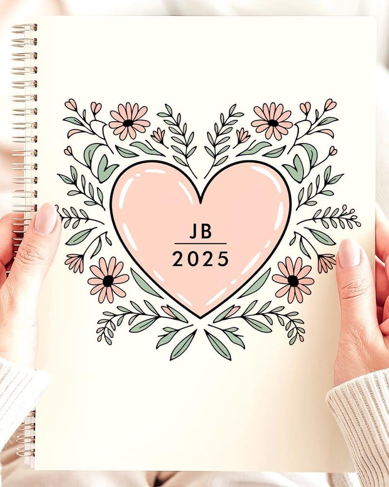 Spiral-bound notebook with a pink heart surrounded by flowers and the initials JB 2025.