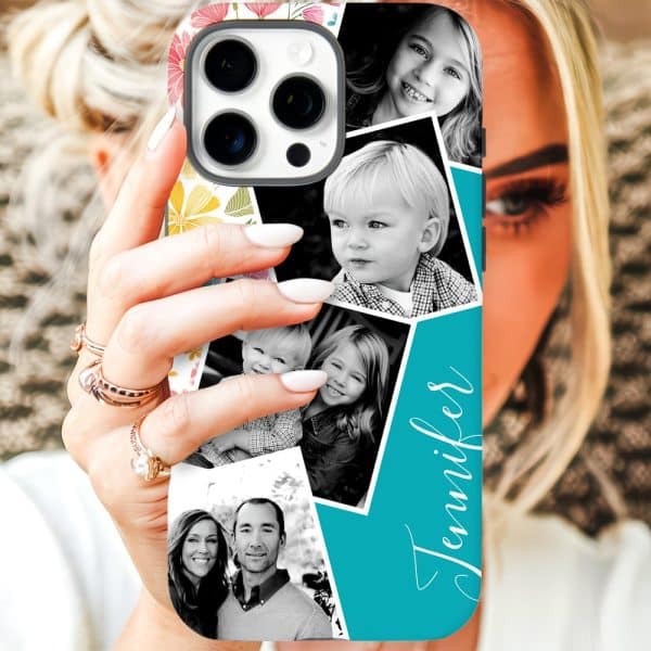 A Teal Phone Case Displaying A Collage Of Family Photos And The Name Jennifer.