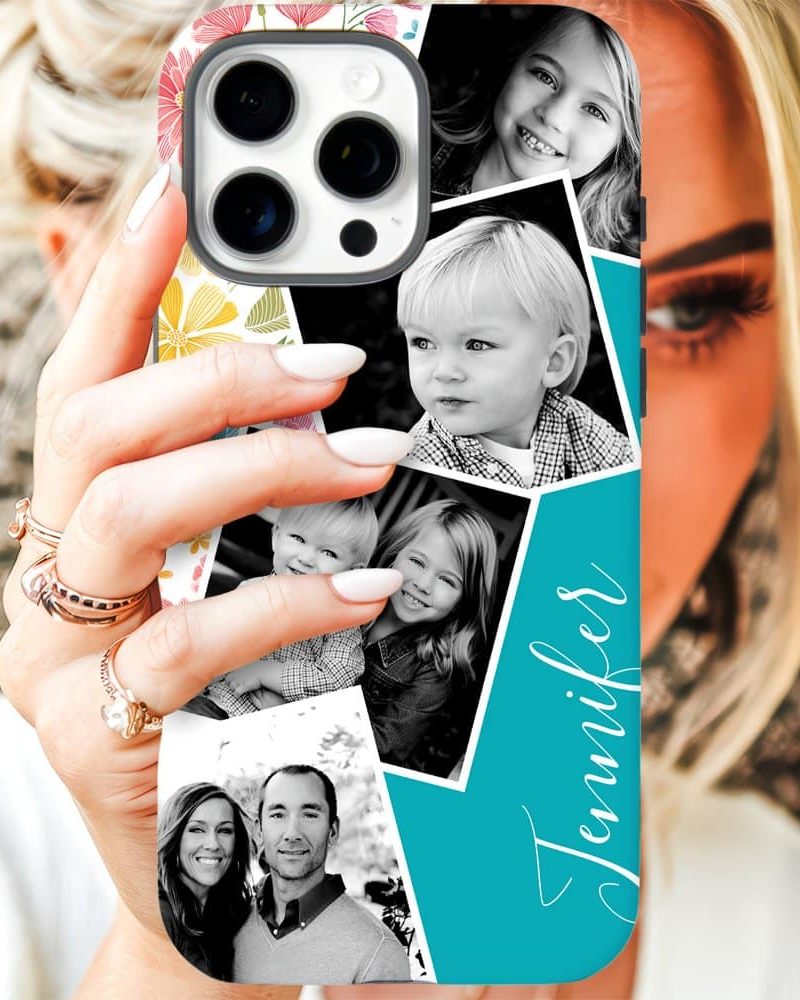 A teal phone case displaying a collage of family photos and the name Jennifer.