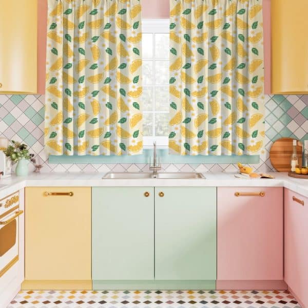 Lemon-Print Kitchen Curtains Hanging In A Window.
