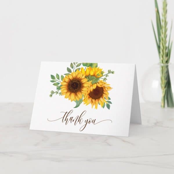 Thank You Card Featuring A Watercolor Painting Of Sunflowers.