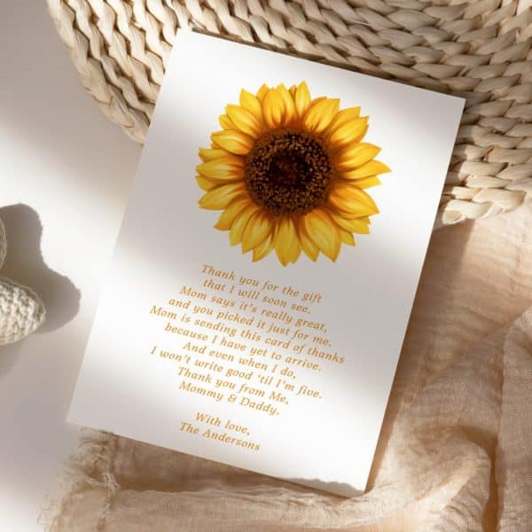 Thank You Card Featuring A Sunflower With A Child'S Thank You Note To Their Grandparents.