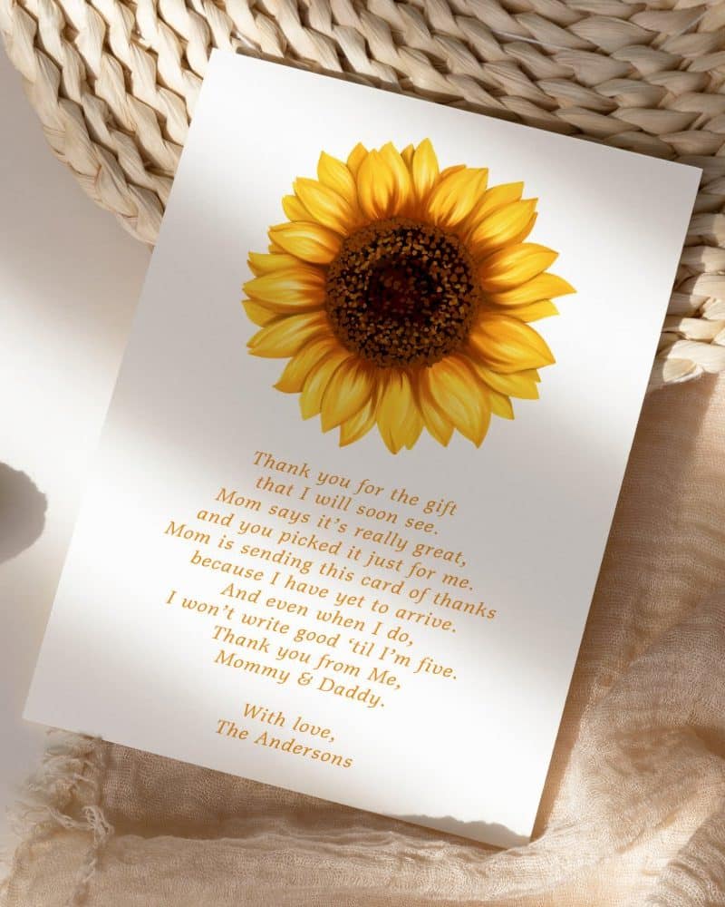 Thank you card featuring a sunflower with a child's thank you note to their grandparents.