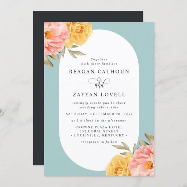 Wedding Invitation With Peach And Yellow Floral Design. The Invitation Announces The Marriage Of Reagan Calhoun And Zayyan Lovell.