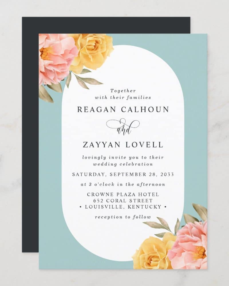 Wedding invitation with peach and yellow floral design. The invitation announces the marriage of Reagan Calhoun and Zayyan Lovell.