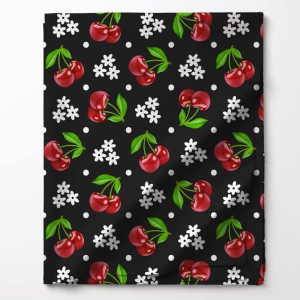 Black Fabric With A Repeating Pattern Of Red Cherries, White Flowers, And White Polka Dots.