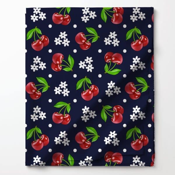 Dark Blue Fabric With A Repeating Pattern Of Red Cherries And White Flowers.