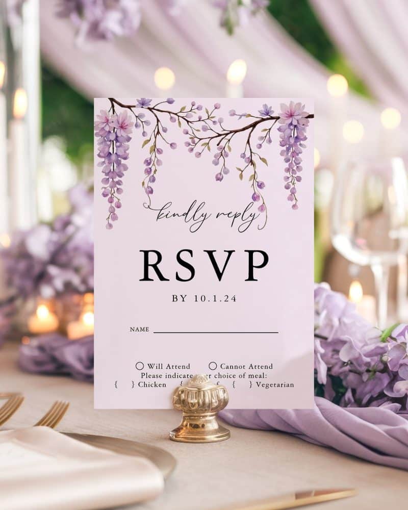 Lavender floral RSVP card with a response deadline.