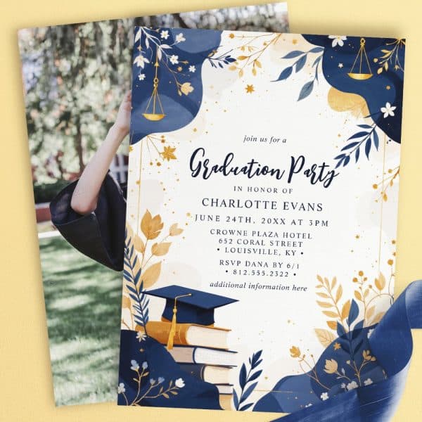 Graduation Party Invitation For Charlotte Evans, Featuring A Photo Of The Graduate And Blue And Gold Illustrations.