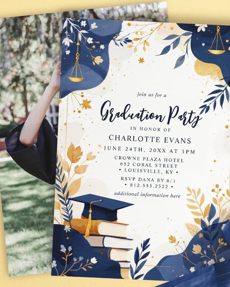 Graduation party invitation for Charlotte Evans, featuring a photo of the graduate and blue and gold illustrations.