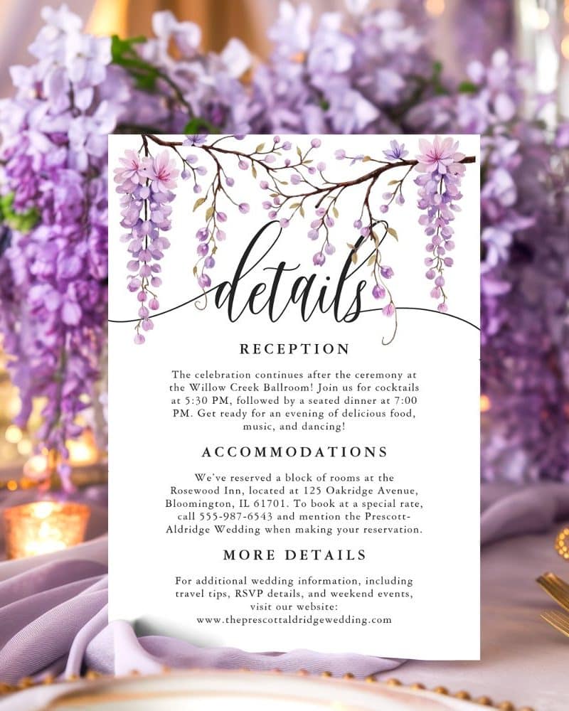 Wedding reception details card with purple wisteria floral illustration.