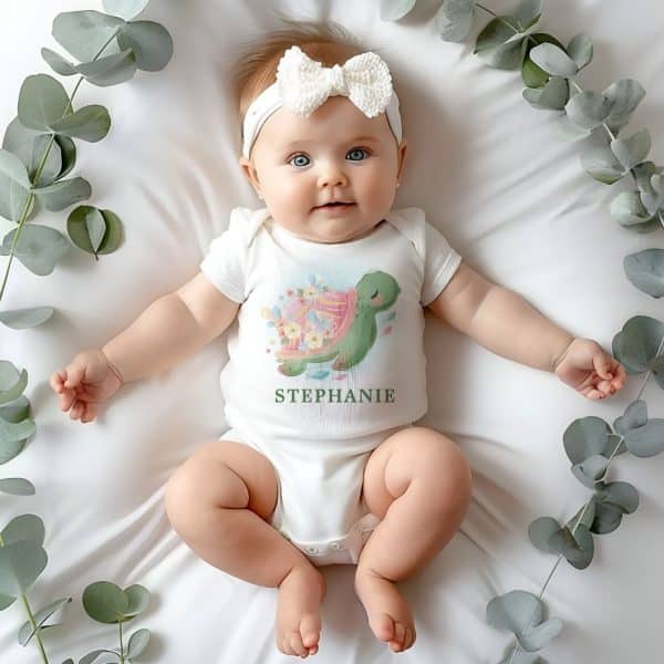 Baby Girl Wearing A White Bodysuit With A Floral Turtle Design And Her Name, Stephanie.