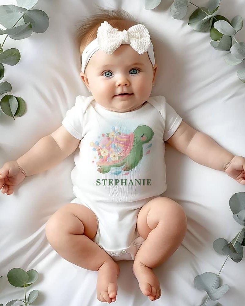 Baby girl wearing a white bodysuit with a floral turtle design and her name, Stephanie.