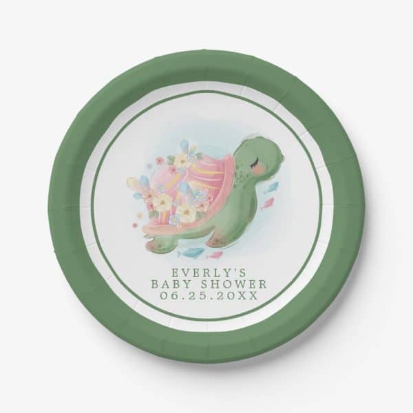 Green Paper Plate With A Pastel Illustration Of A Turtle Adorned With Flowers And Crystals. The Text &Quot;Everly'S Baby Shower&Quot; And A Date Are Below.