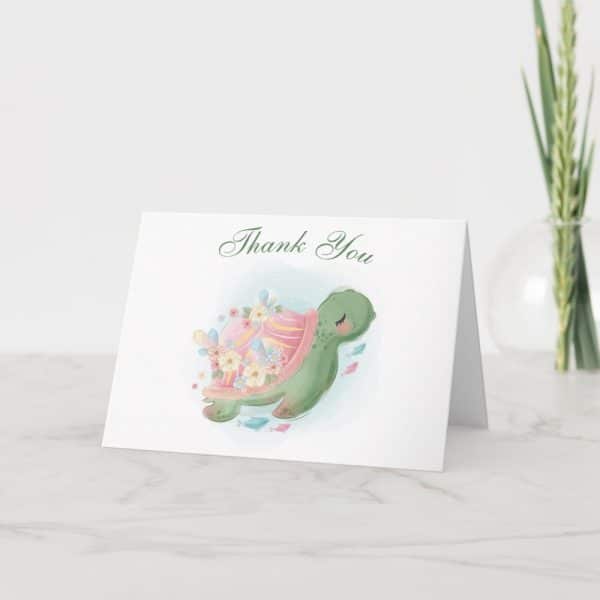 Thank You Card Featuring An Illustration Of A Sea Turtle With Flowers On Its Shell.