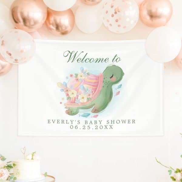 Baby Shower Banner Featuring A Whimsical Illustration Of A Turtle Adorned With Flowers And Crystals. The Banner Also Includes The Baby'S Name And Shower Date.