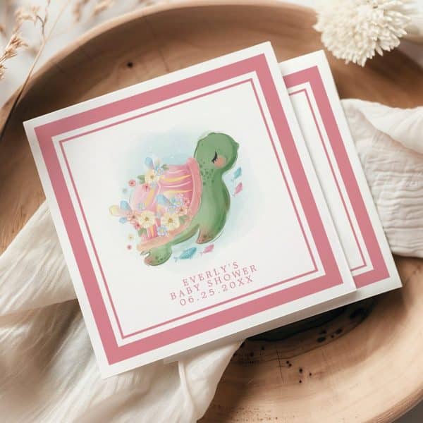 Pink Baby Shower Invitation Featuring An Illustration Of A Sea Turtle Adorned With Flowers And Crystals.